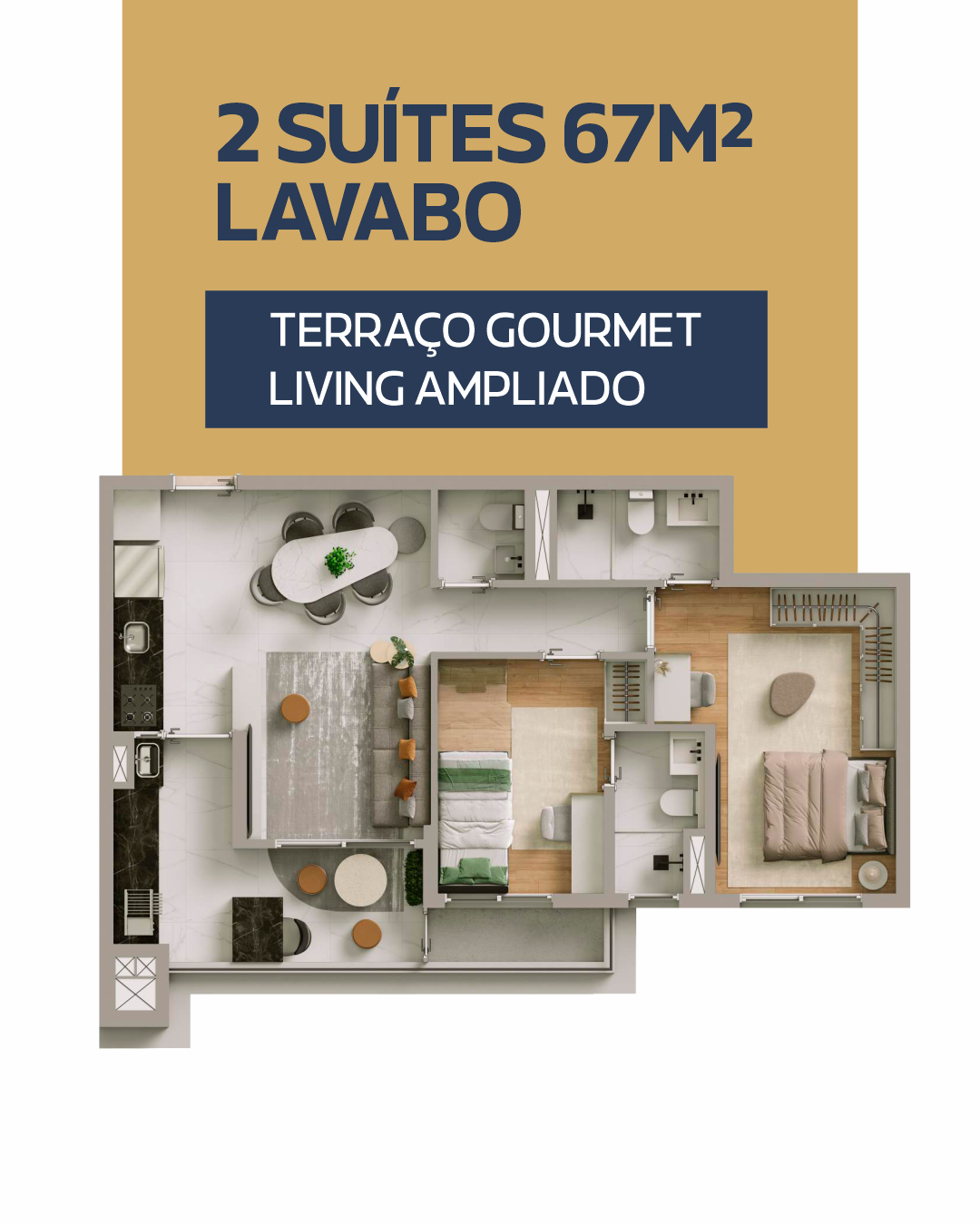Planta 2 suítes 67m² com lavabo e terraço gourmet