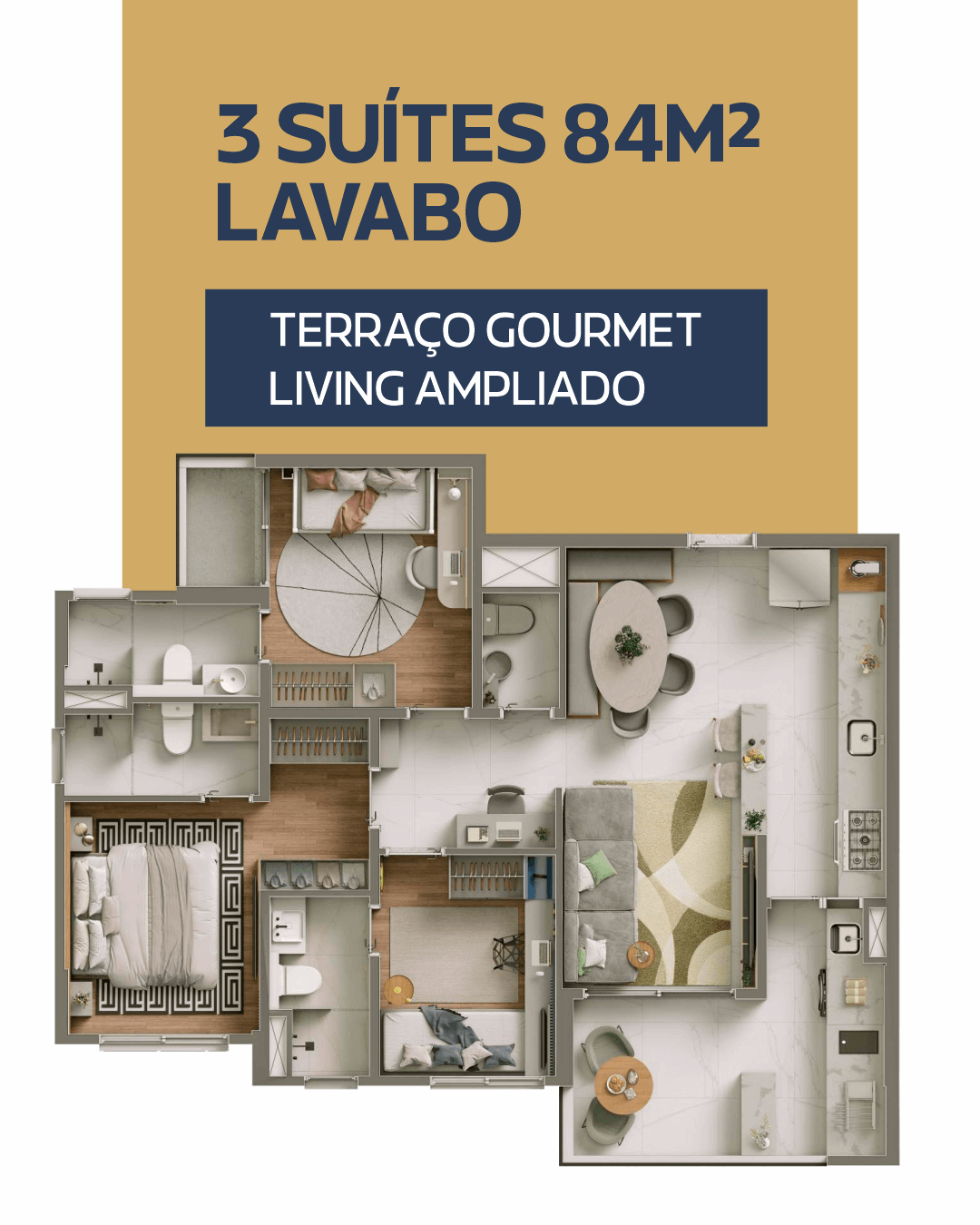 Planta 3 suítes 84m² com lavabo e terraço gourmet